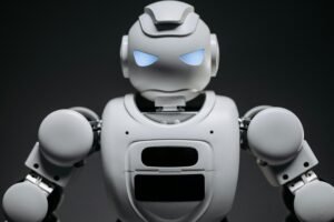 Detailed studio shot of a modern robotic toy with a dark background, showcasing technological design.